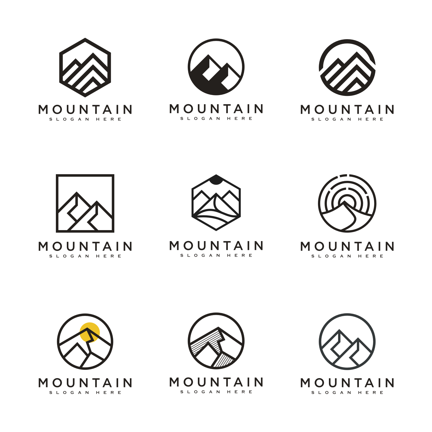 Set of 36 Mountain Logo Vector Design Template in circles.