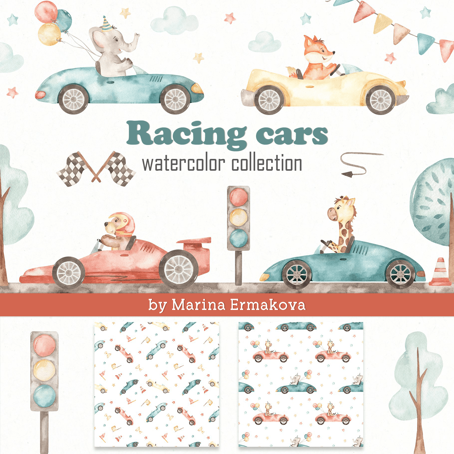 Racing cars watercolor collection.