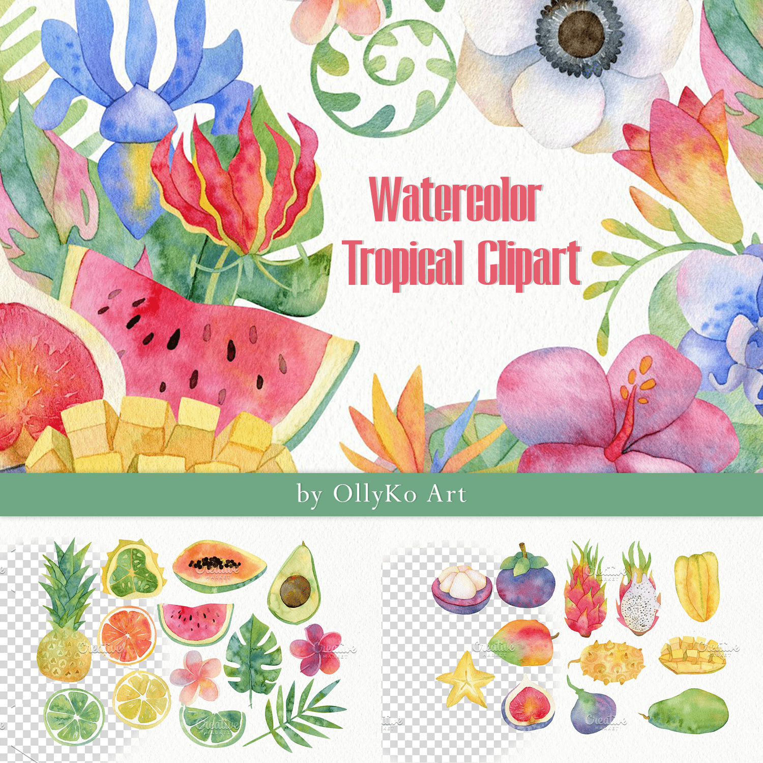 Watercolor Tropical Clipart cover.
