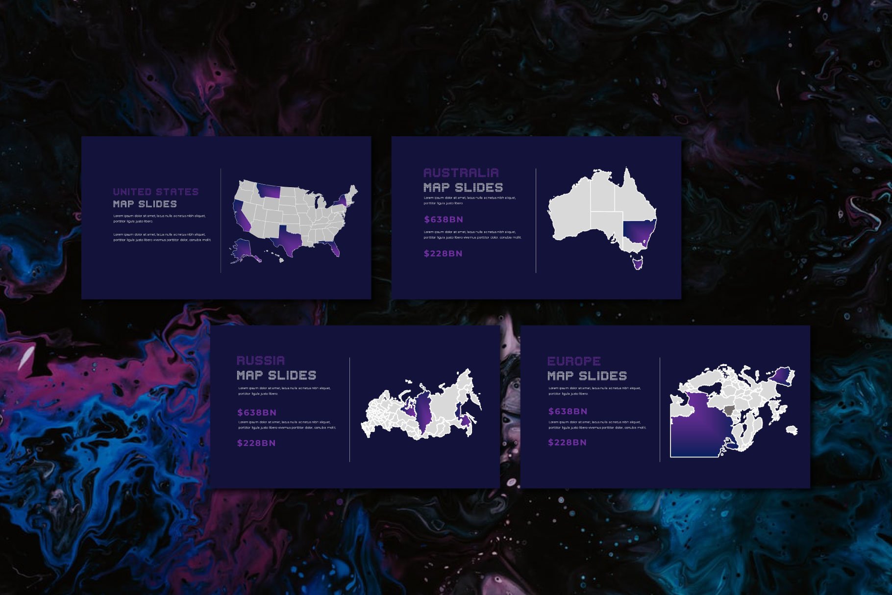 This purple template includes white maps.