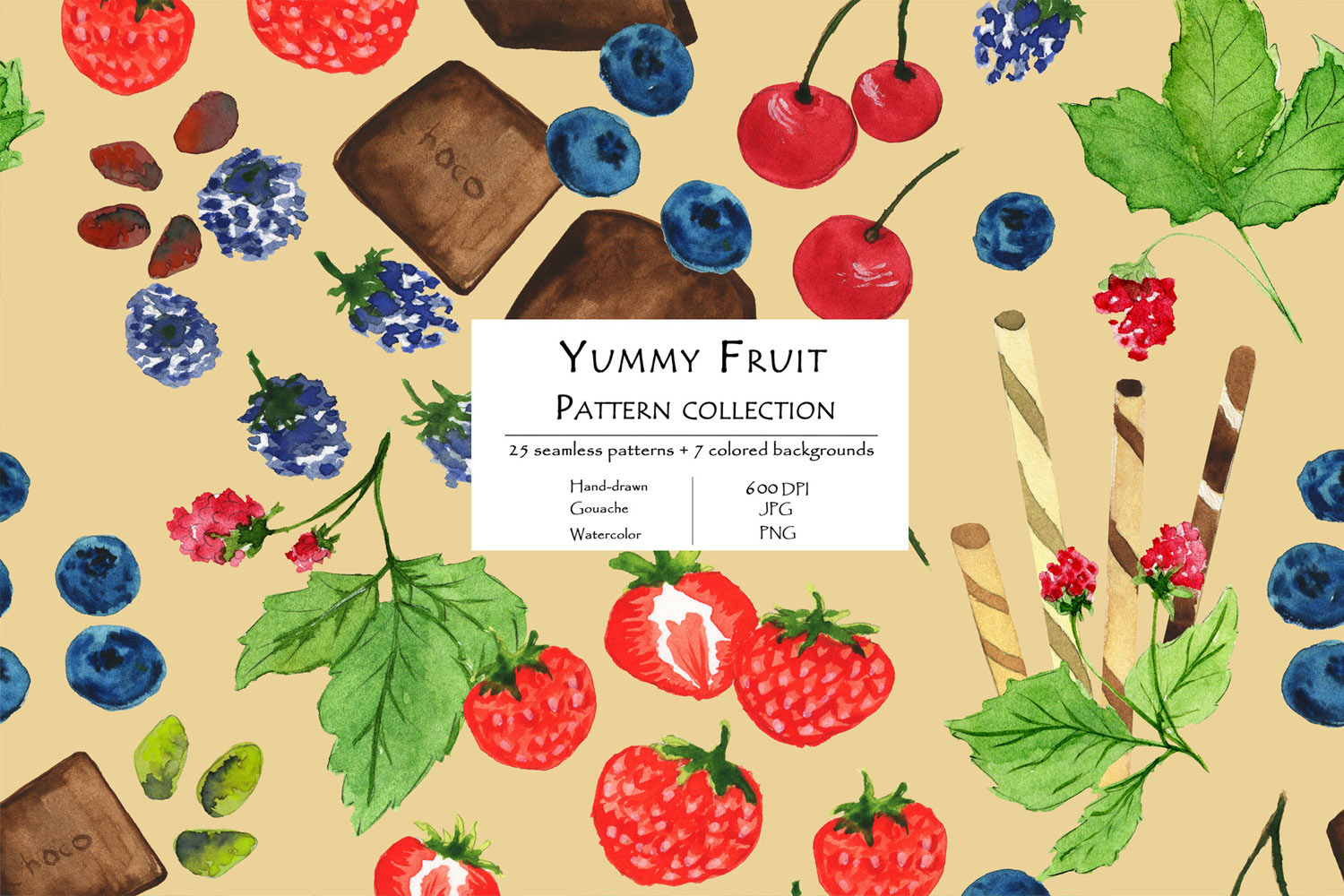 Yummy Fruit Pattern Collection With 25 Seamless Patterns And 7 Backgrounds Brown Background Example.
