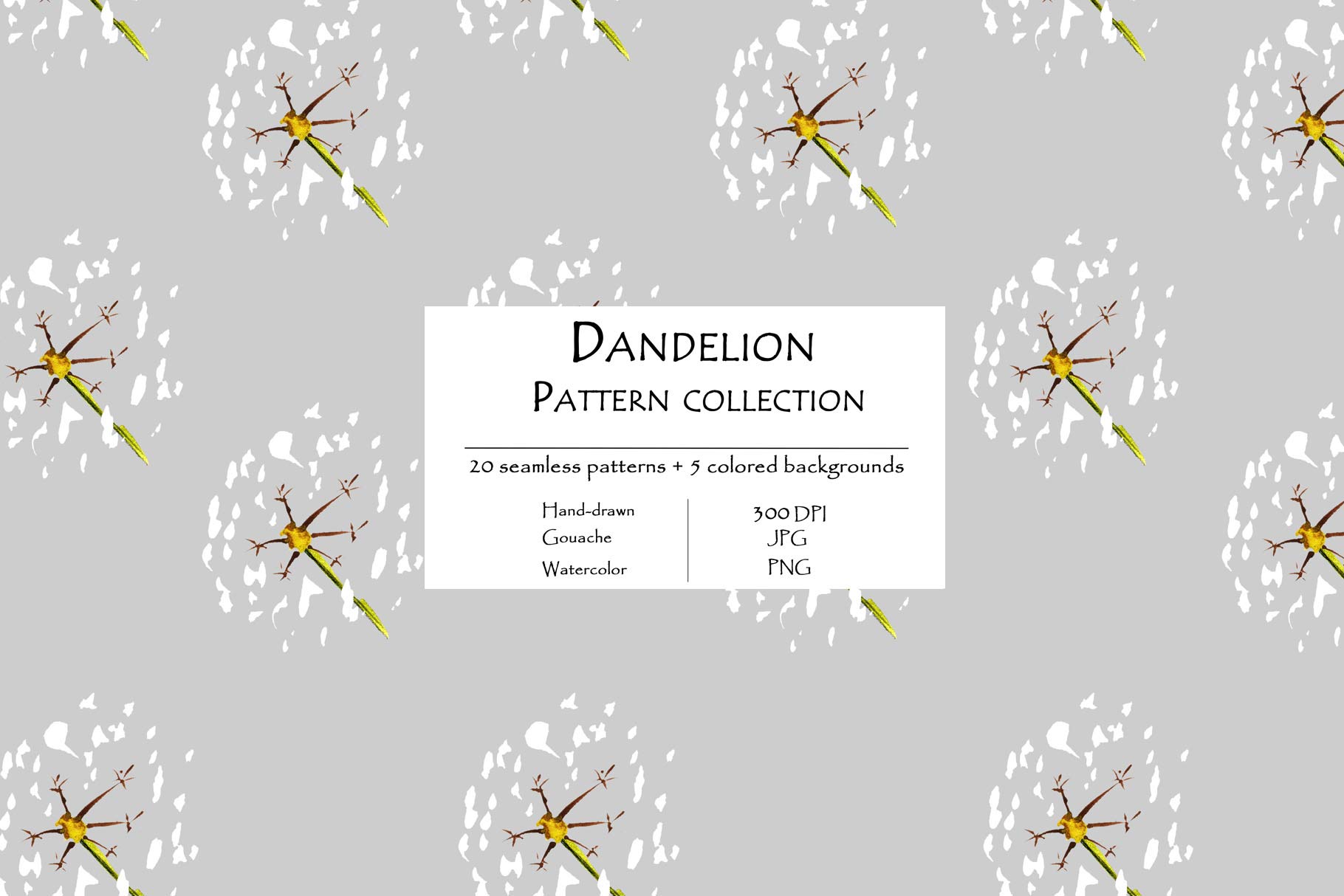 Dandelion Pattern Collection Of 20 Seamless Patterns And 5 Colored Background Grey Background.