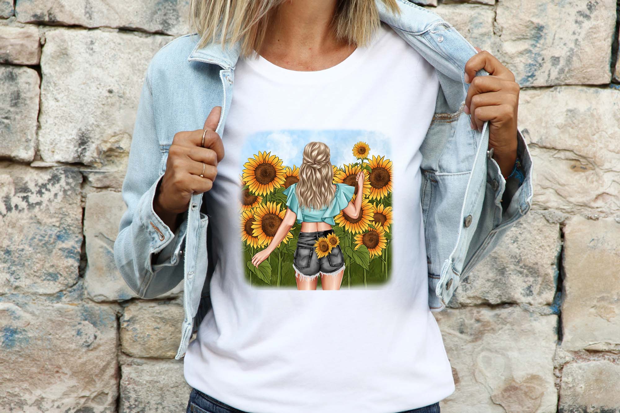 Fashionable Girl Sunflowers Clipart T-shirt On A Model Example.