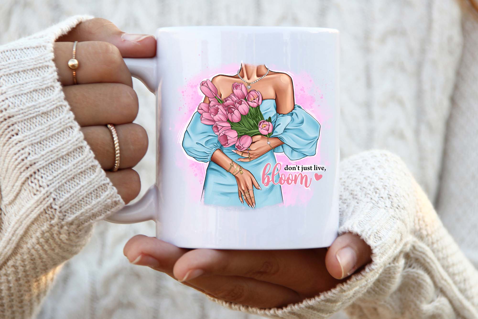 Fashionable Girl With Tulips Clipart Mug Print.