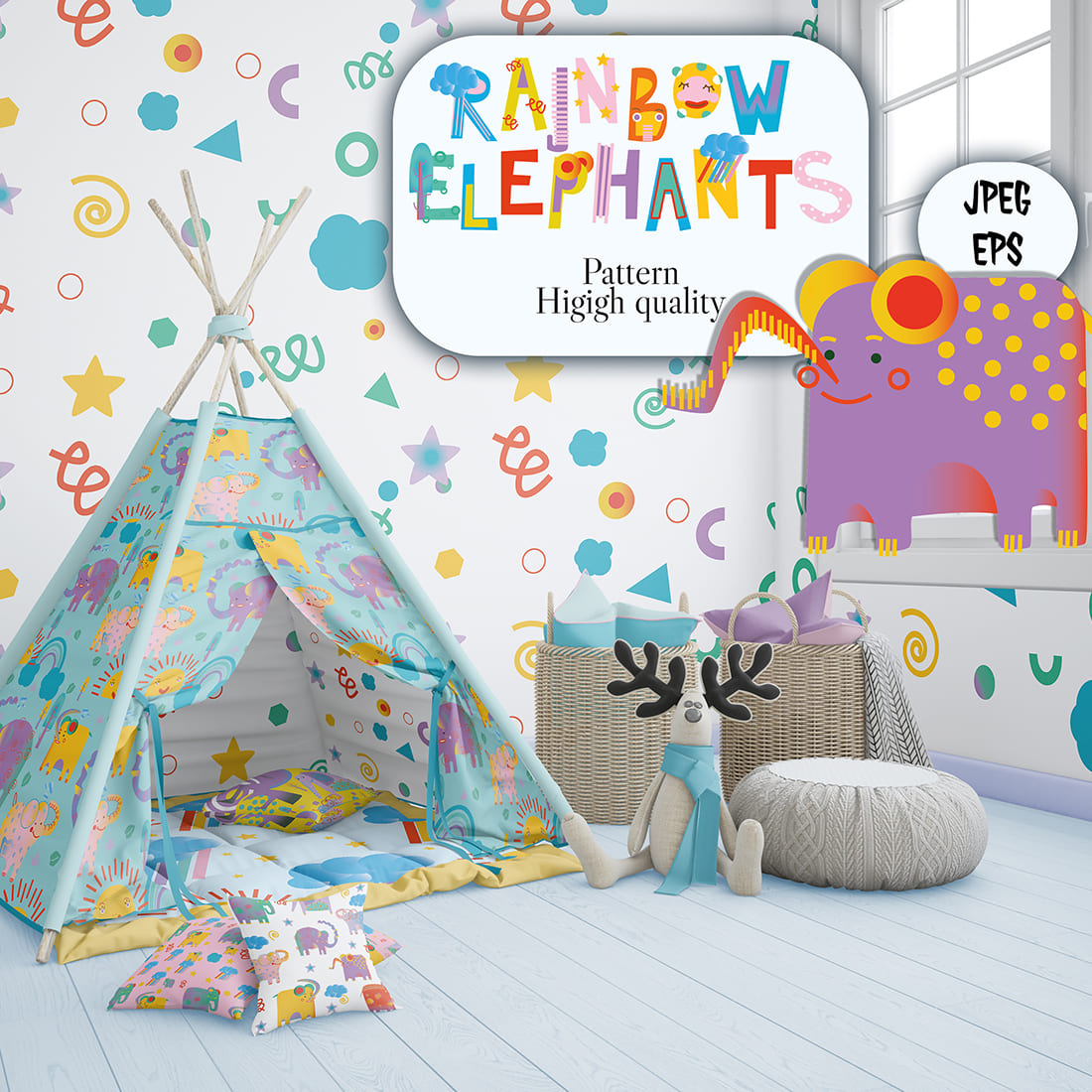 Rainbow Elephants Set Seamless Pattern for kids room.
