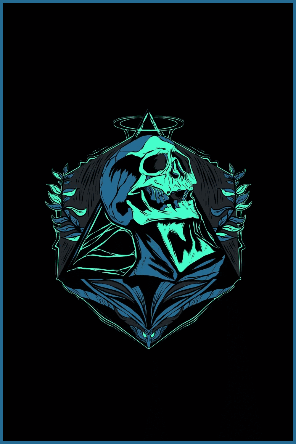 Stylish image of a skull in green and blue on a black background.