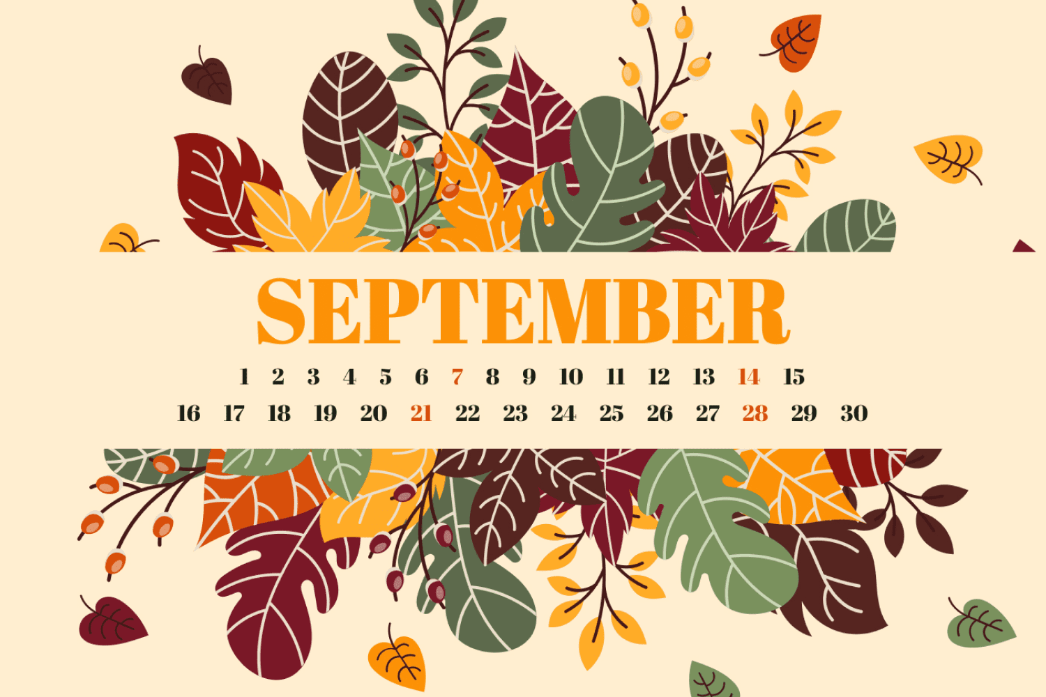 Leaves September Printable Calendar.