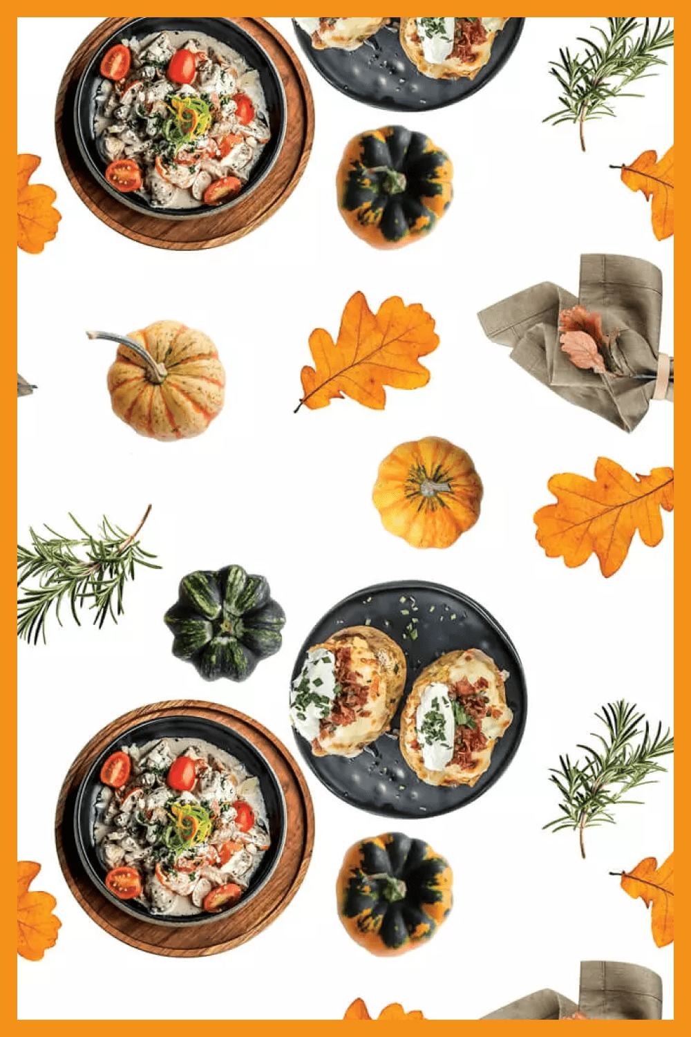 Plates with pies and stew, Pine twigs, oak leaves and pumpkins on a white background.