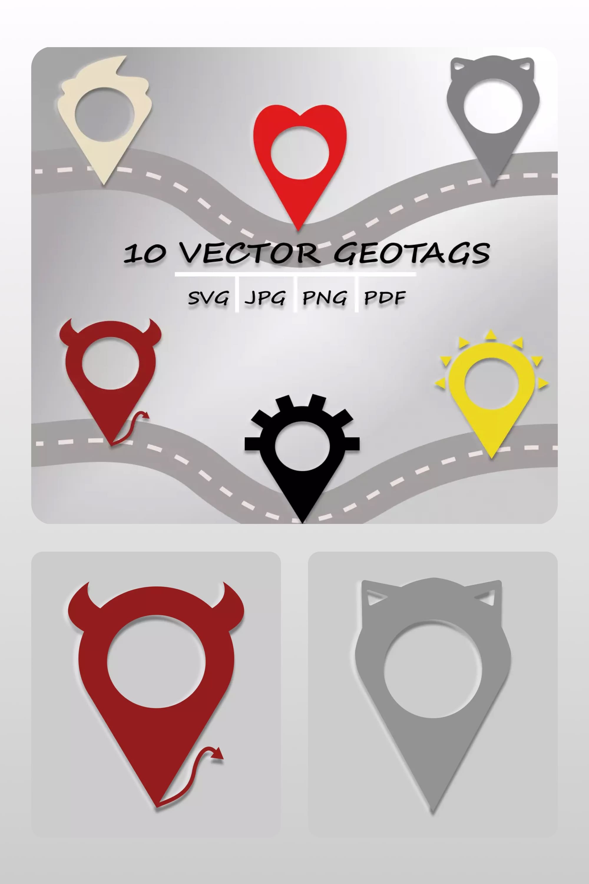 Multicolored icons for geotagging on a gray background.