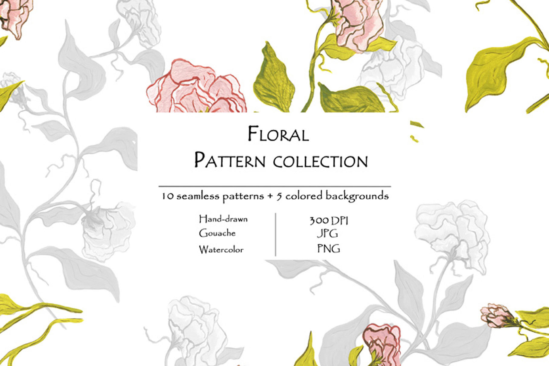 Floral Pattern Collection Of 10 Seamless Patterns And 5 Colored Backgrounds Roses.