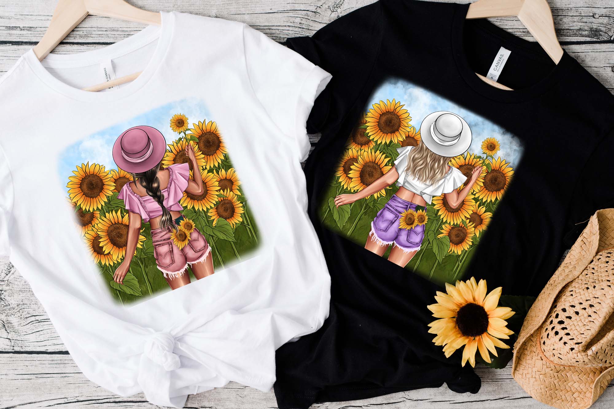 Fashionable Girl Sunflowers Clipart T-shirt Print.