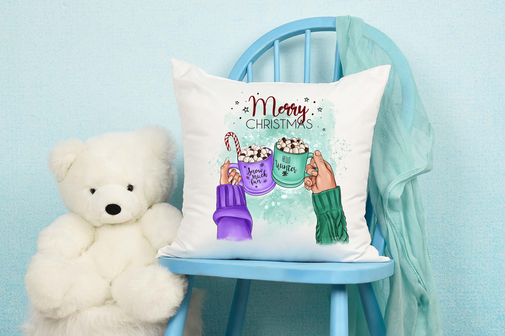 Сouple With Mugs Winter Illustration Pillow On A Chair.