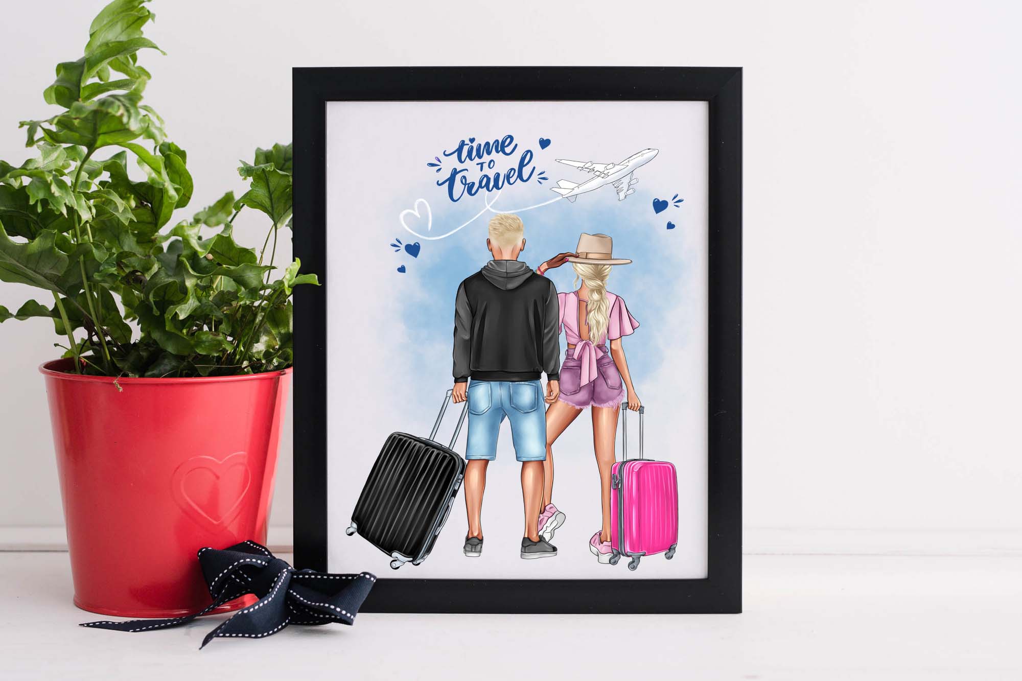 Travel Couple Clipart Poster In A Black Frame.