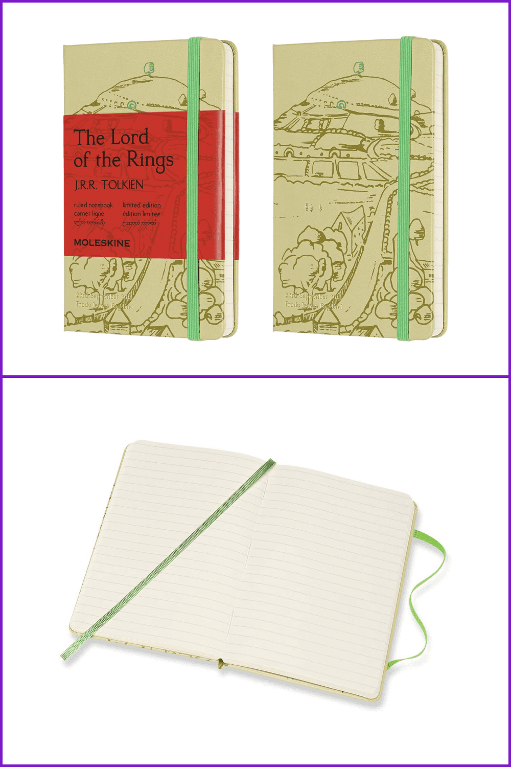 Collage of images of a notebook with images of the Lord of the Rings on the cover.