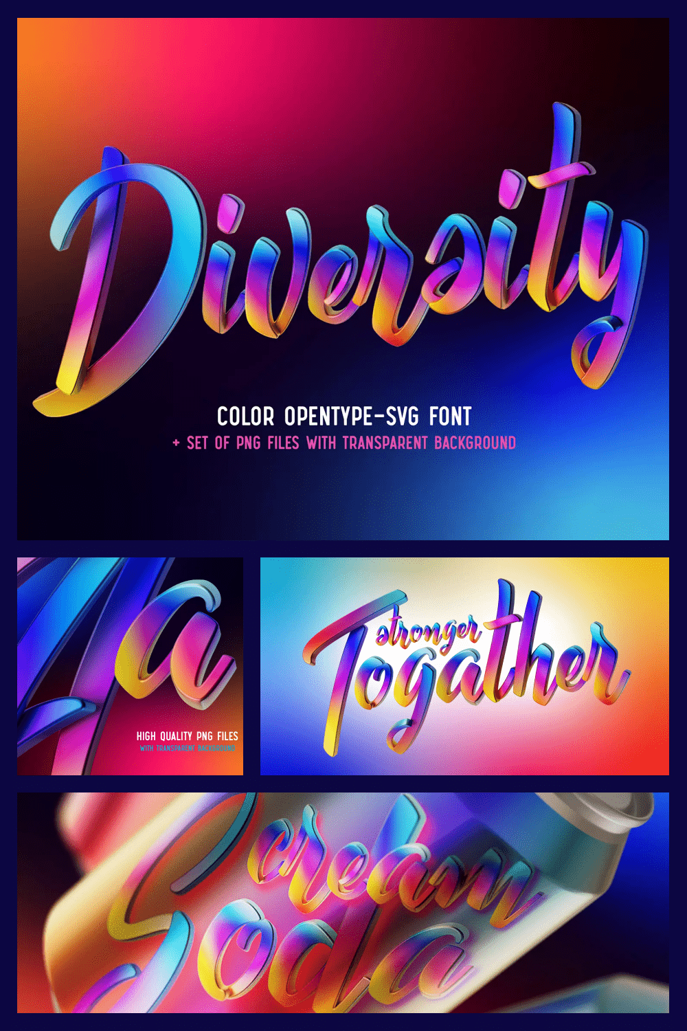 Collage of images with colorful fonts on rainbow backgrounds.