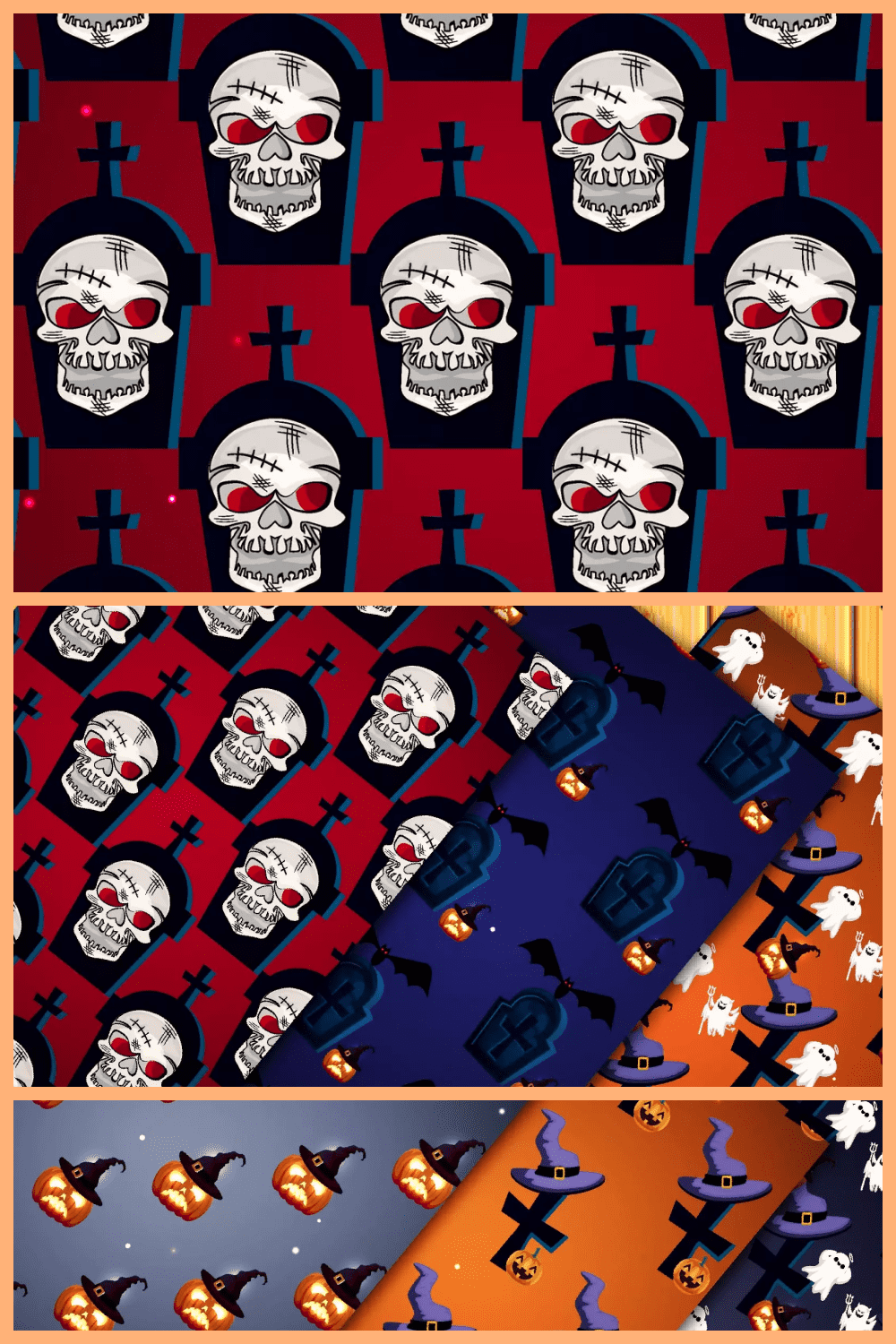 Collage of images of wrapping paper with pumpkins, skulls with red eyes and graves.