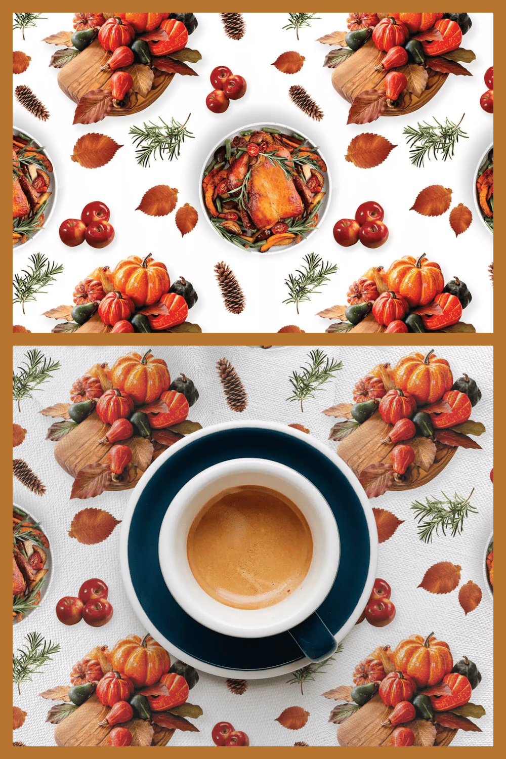 Turkey on a plate, pumpkins and a cup of coffee on a saucer on a white background.