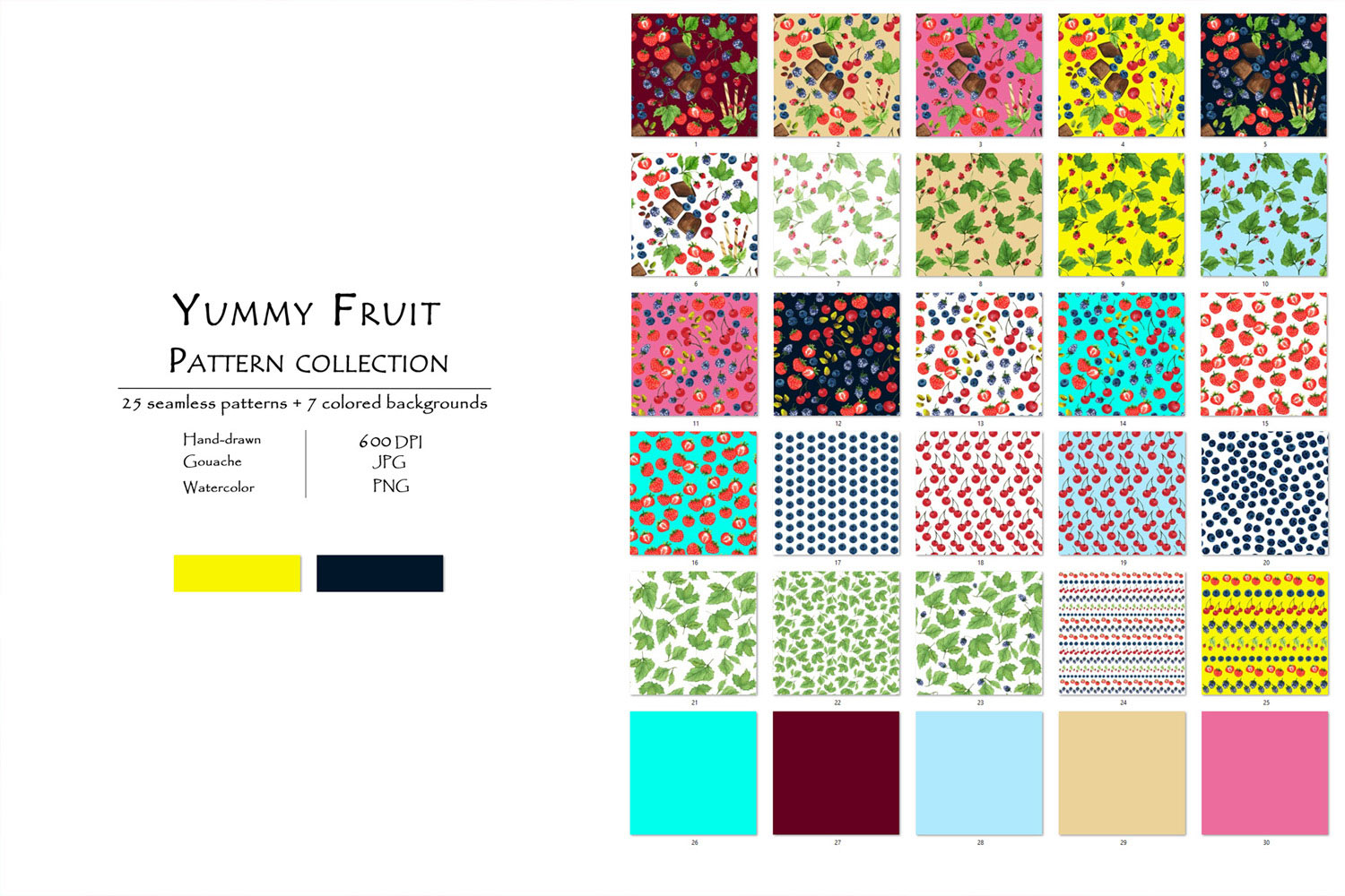 Yummy Fruit Pattern Collection With 25 Seamless Patterns And 7 Backgrounds.