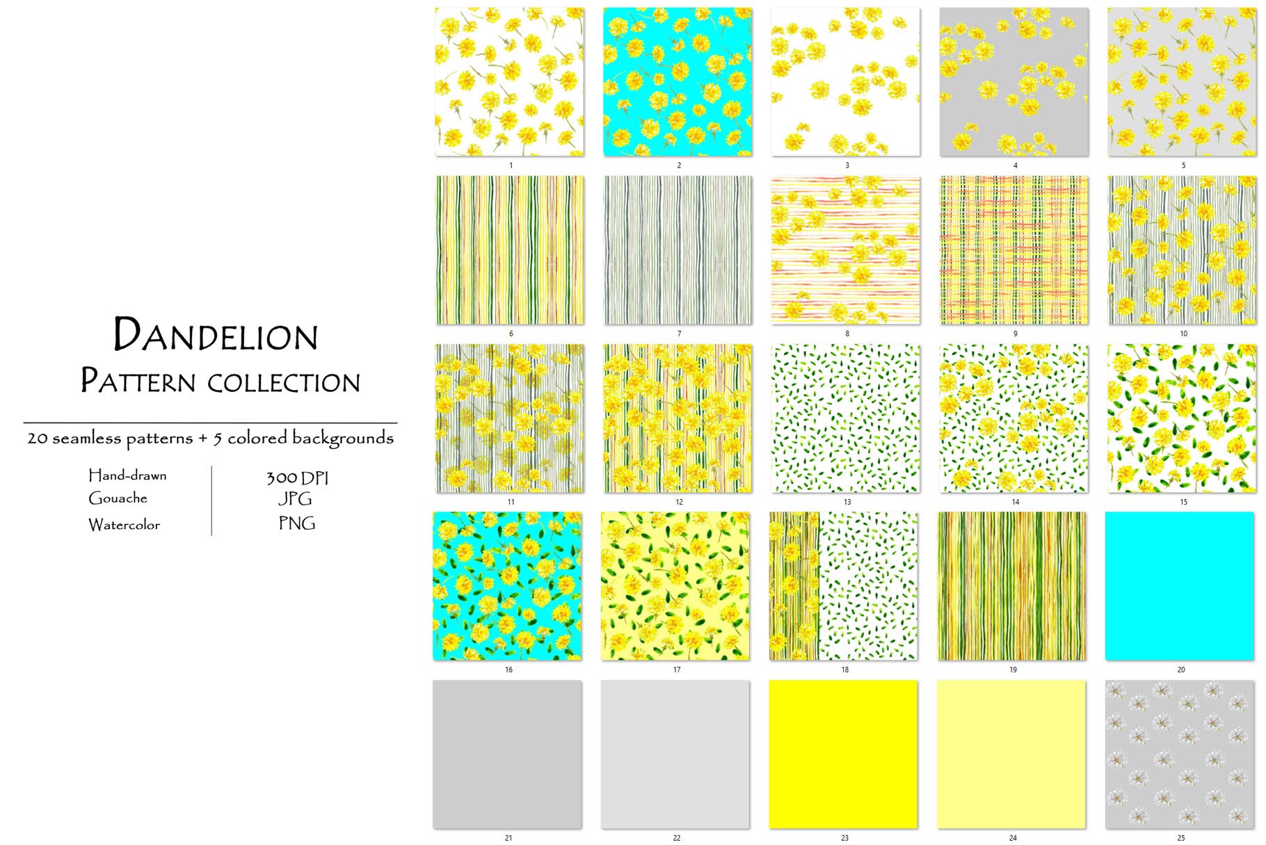 Dandelion Pattern Collection Of 20 Seamless Patterns And 5 Colored Background All Patterns.