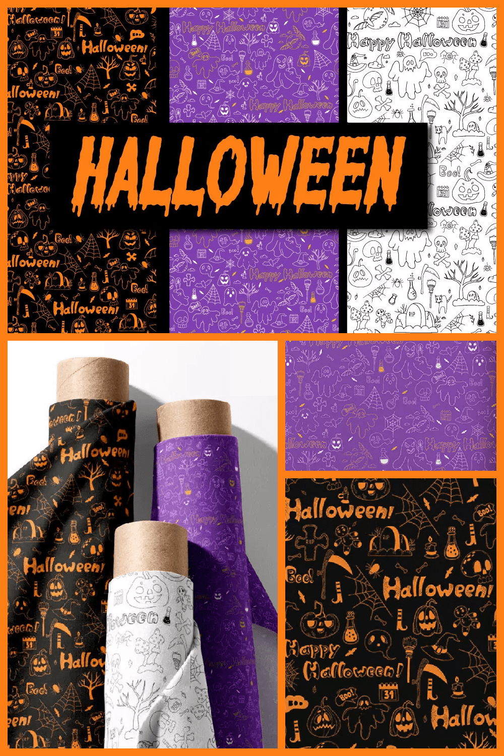 Collage of images of wrapping paper with pumpkins, white, black and purple.