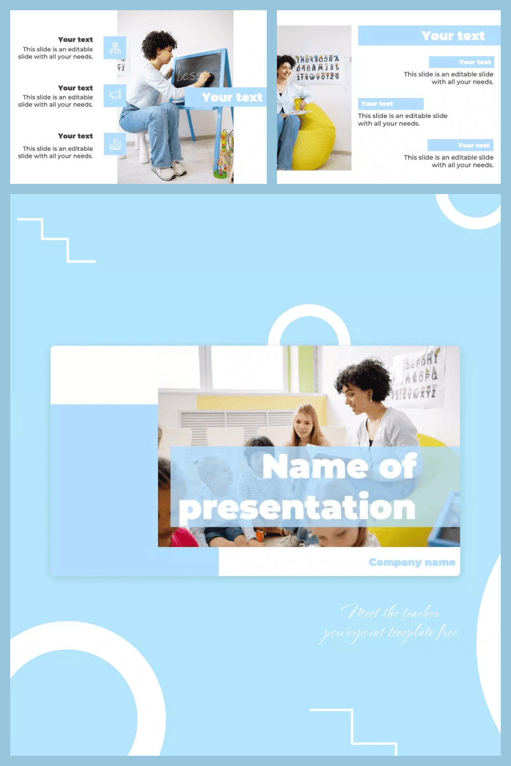 Screenshots of template pages with blue background and photos of the teacher.