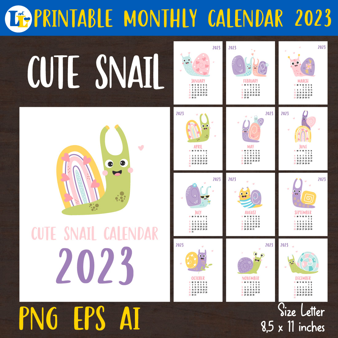 Cute snail. Kids Calendar 2023 Printable monthly template - MasterBundles