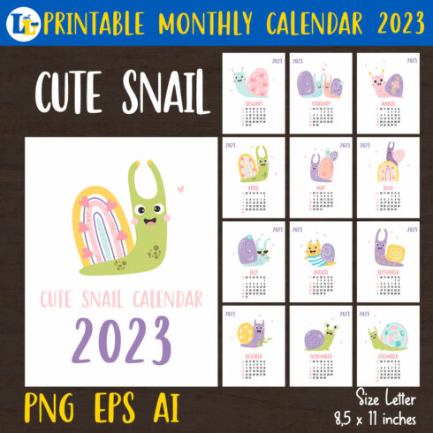 Cute Snail. Kids Calendar 2023 Printable Monthly Template cover image.