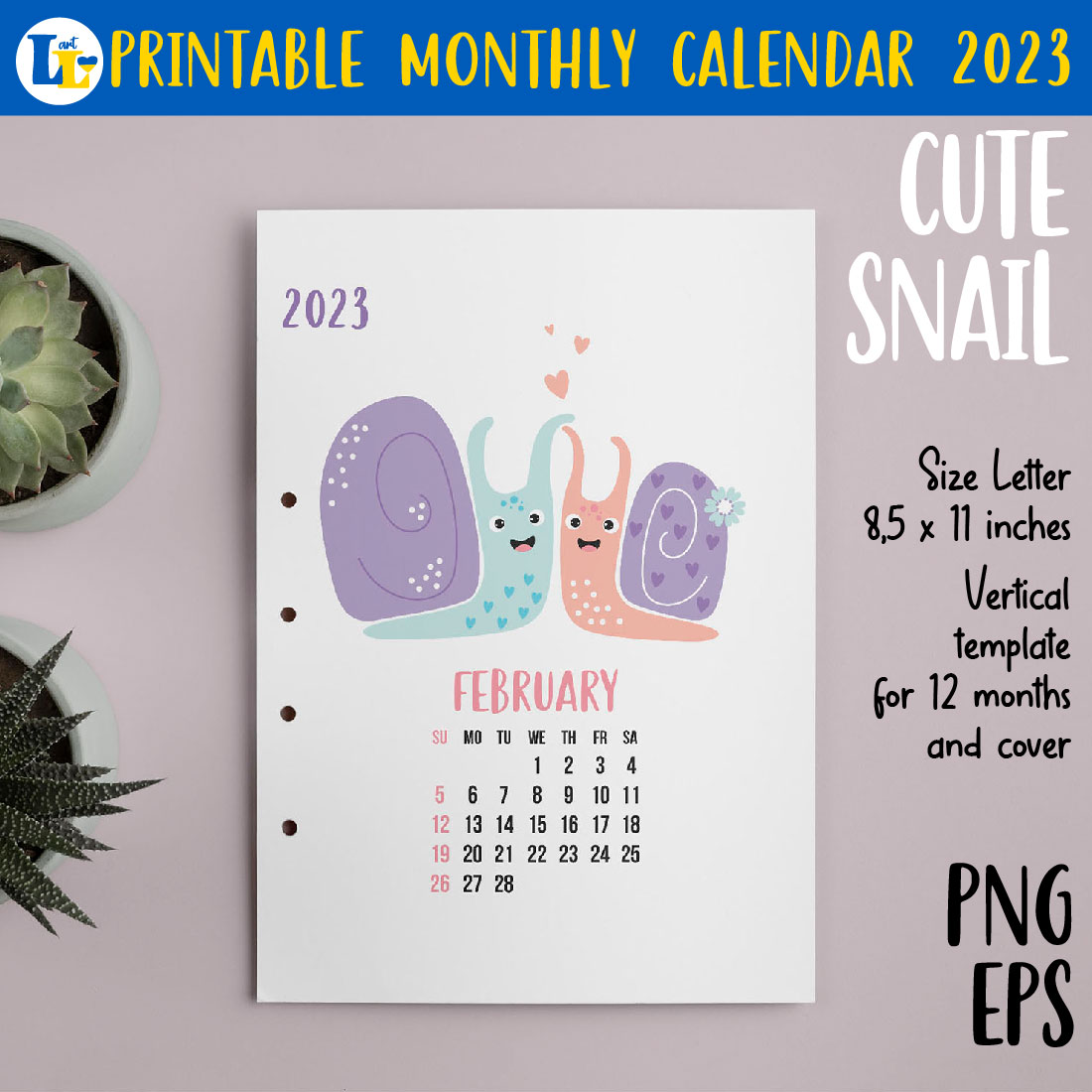 Cute Snail. Kids Calendar 2023 Printable Monthly Template preview image.