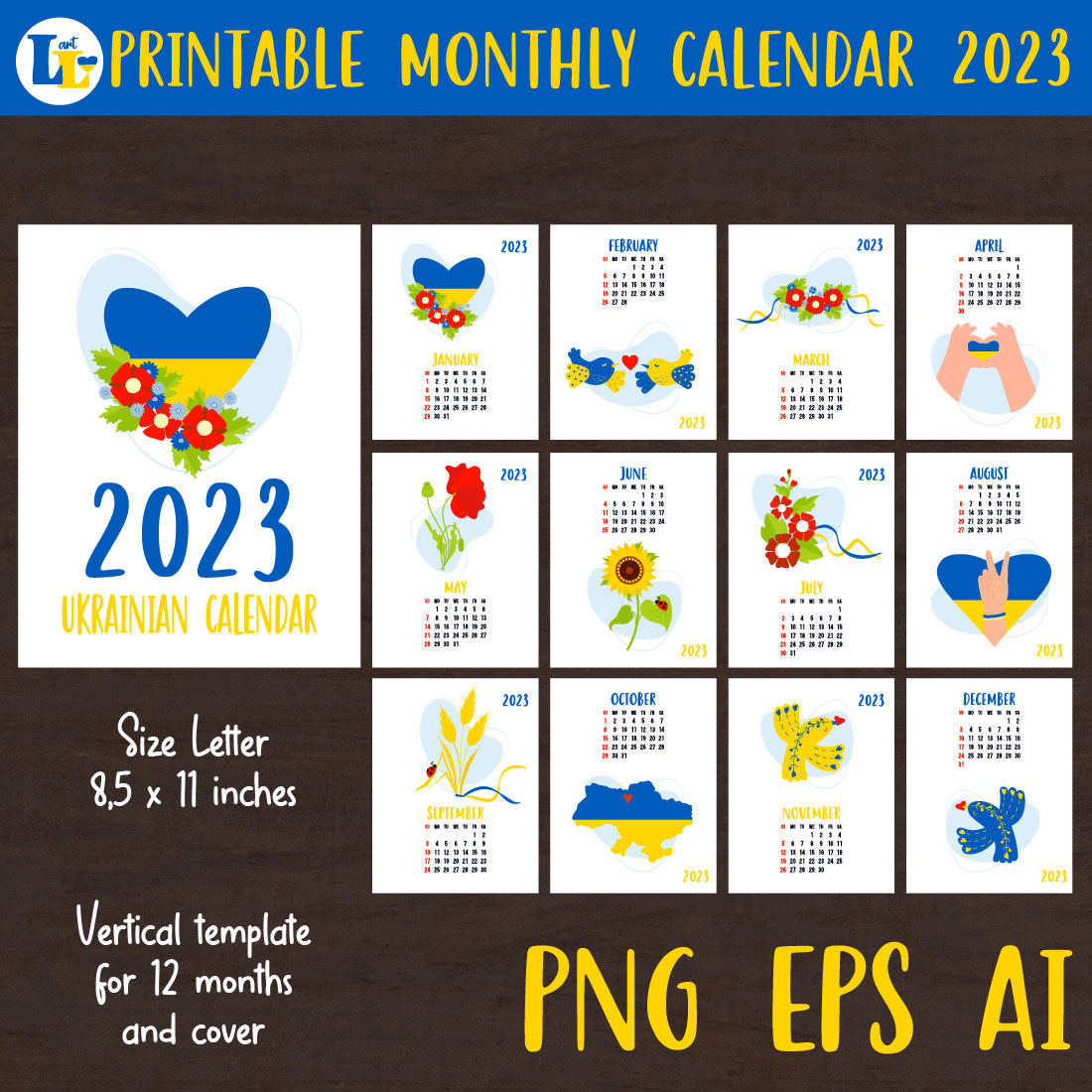Ukrainian Calendar 2023 Printable Monthly Template cover image.