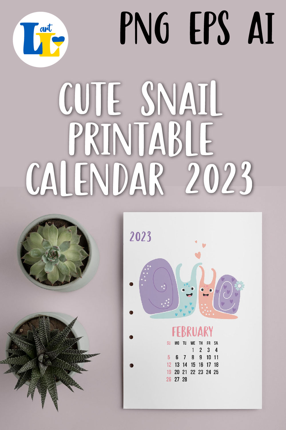 Cute Snail. Kids Calendar 2023 Printable Monthly Template pinterest image.