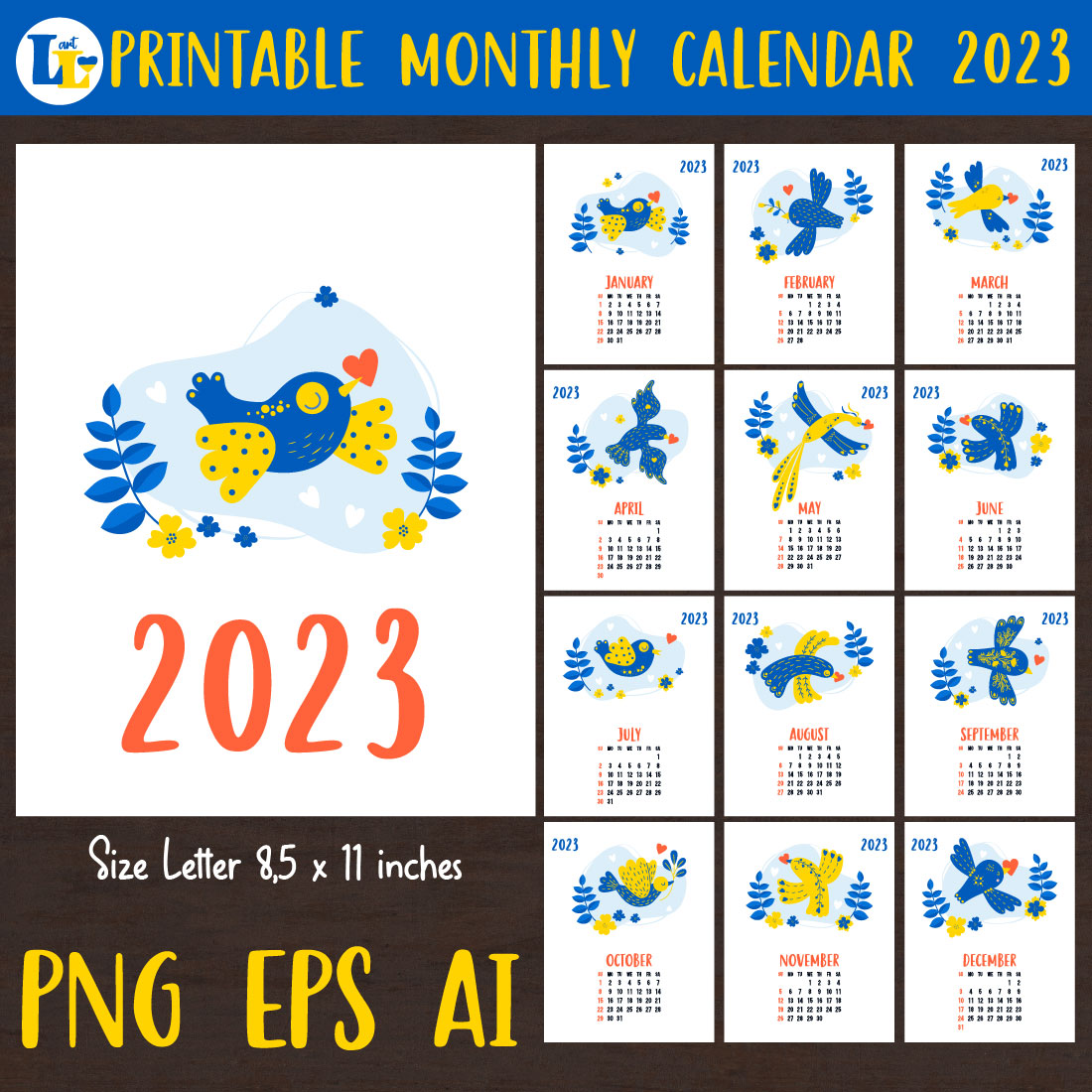 Calendar 2023 Printable Monthly Template Birds Luck cover image.