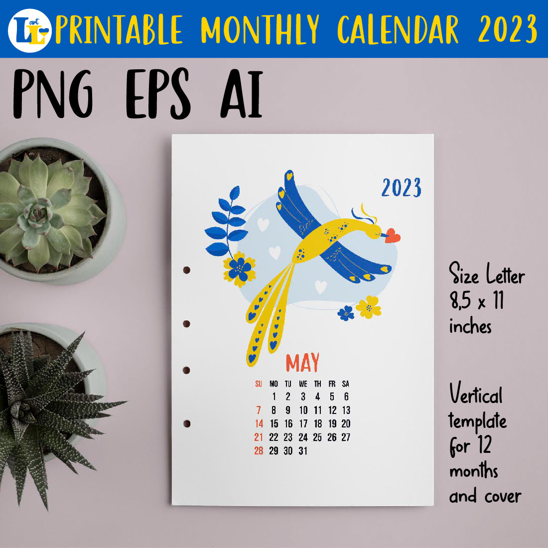 Calendar 2023 Printable Monthly Template Birds Luck preview image.