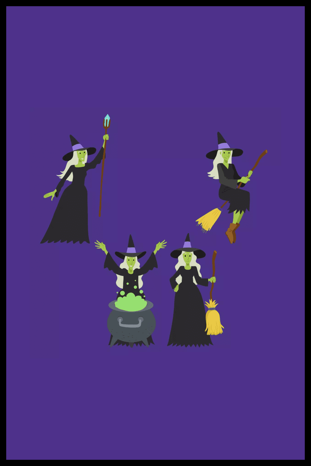 Collage of images of witches on a purple background.
