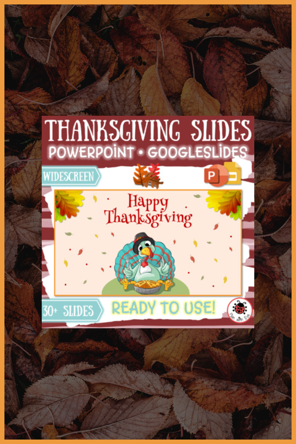 Screenshot of the presentation page with a drawn turkey on the background of autumn leaves.