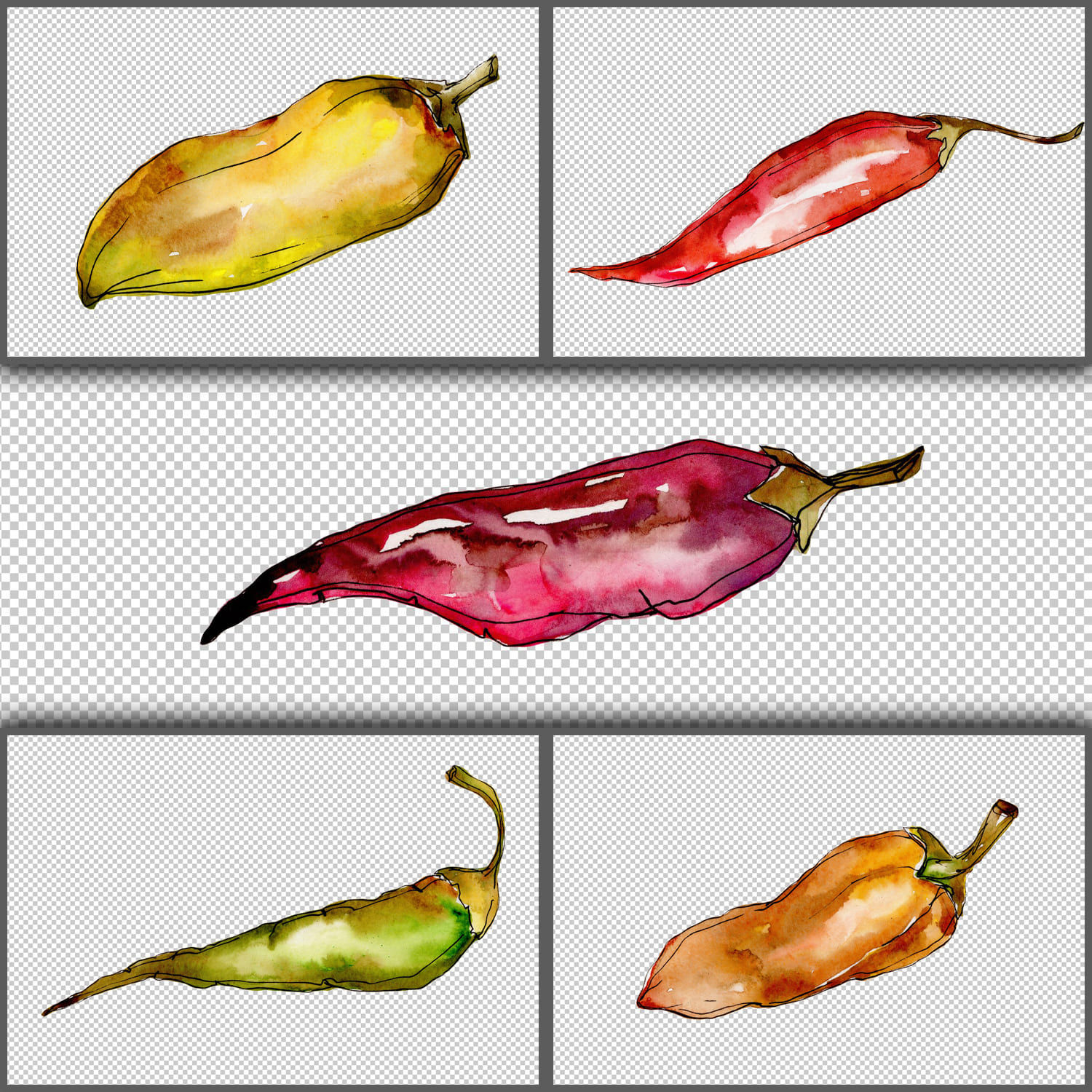 Green and yellow pepper vegetables PNG watercolor set cover.