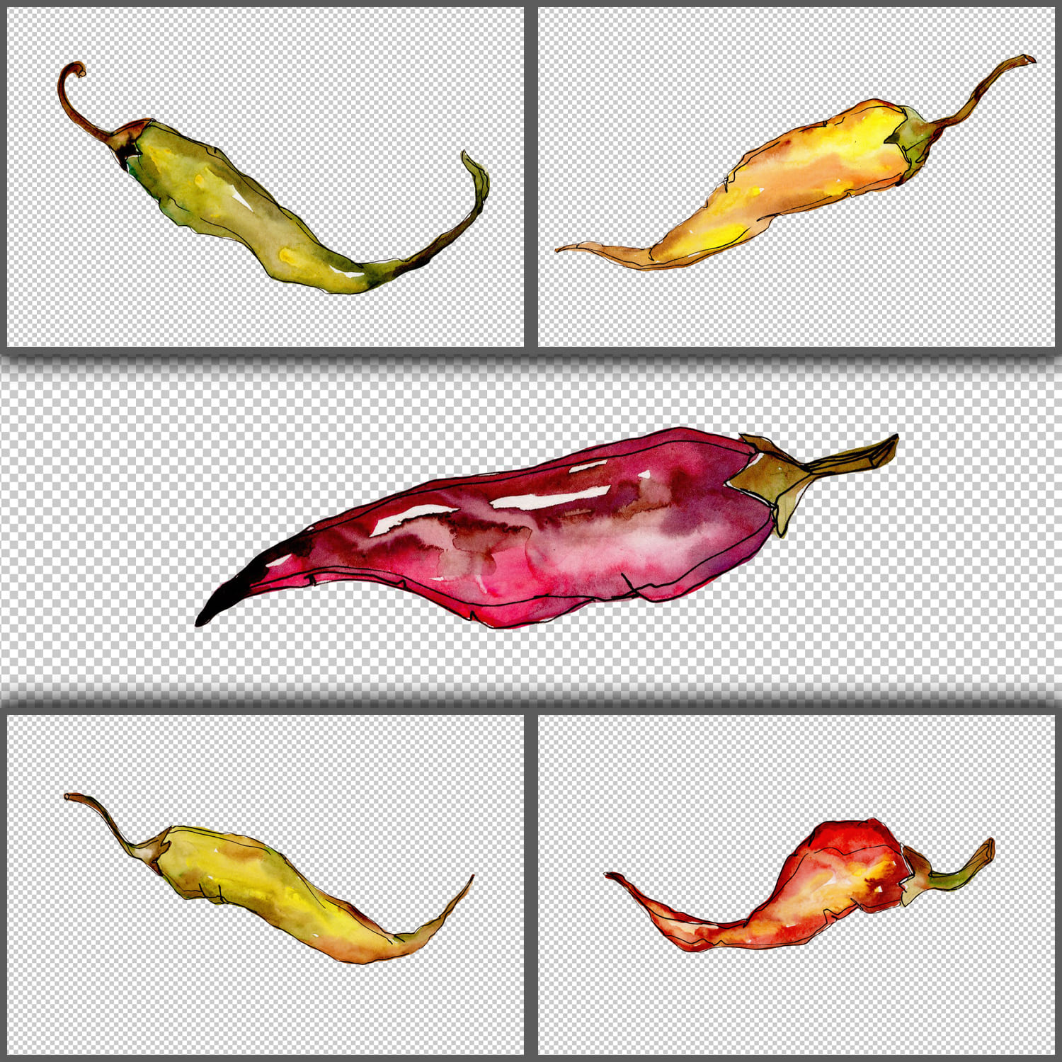 Green and yellow pepper vegetables PNG watercolor set.