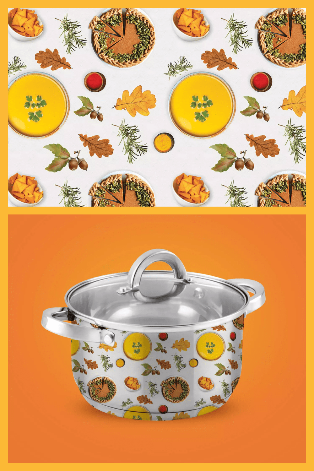 Saucepan with autumn images on it.