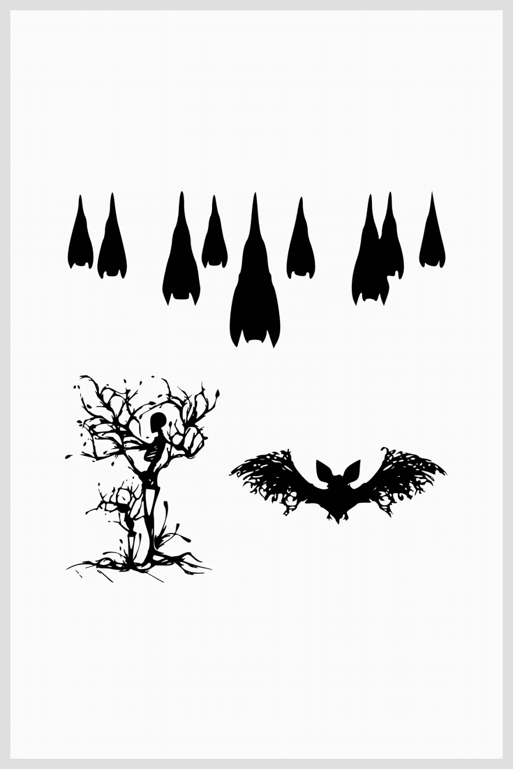 Collage of images of a skeleton and bats.