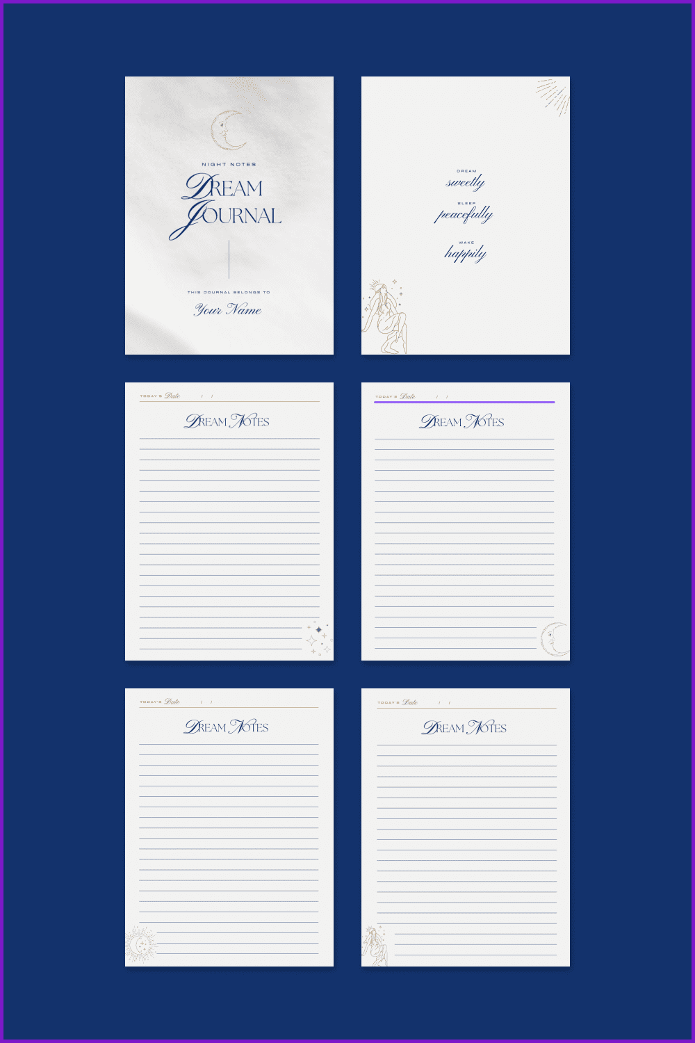 Blue Brown Modern Night Notes Dream Journal.