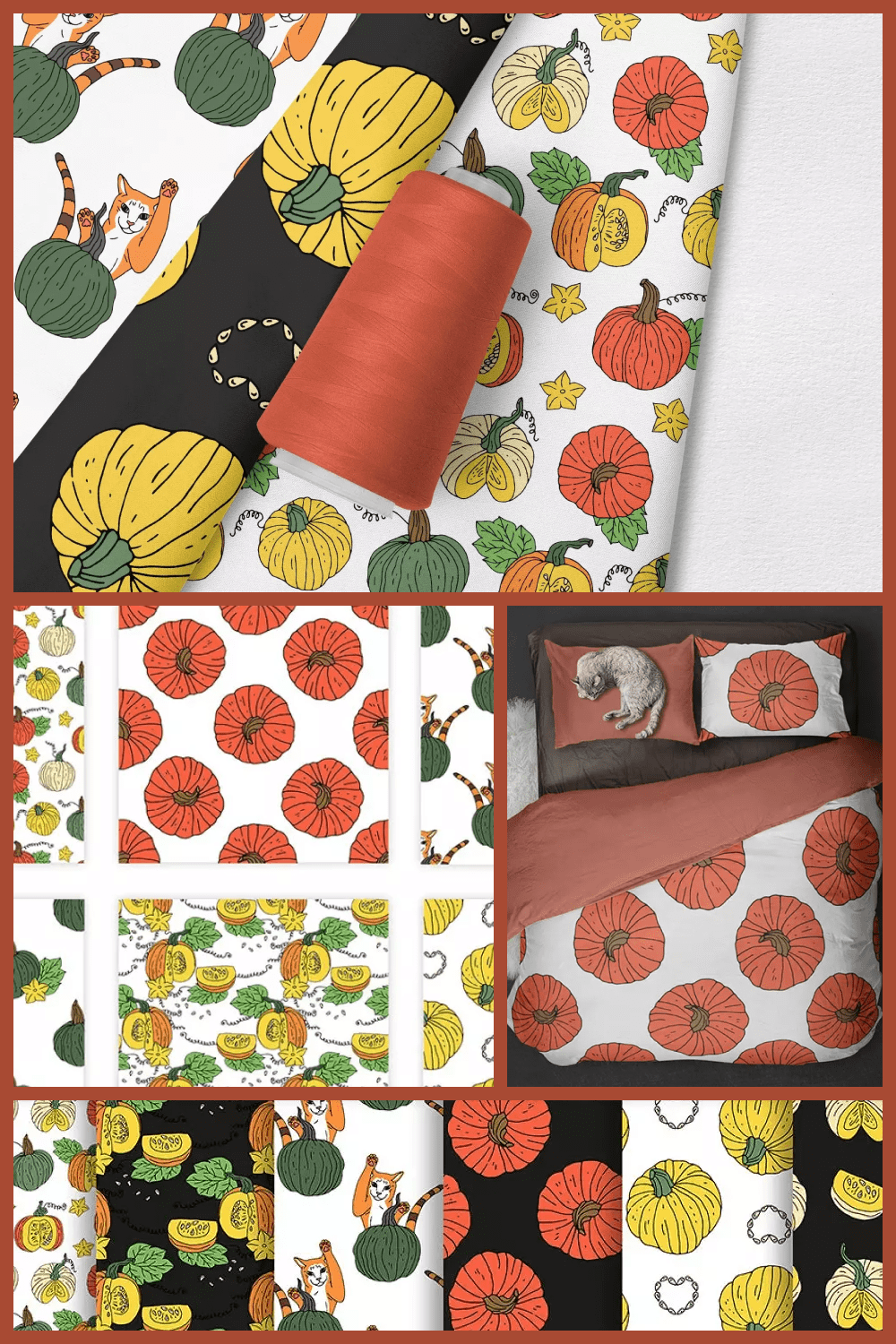Collage of images of wrapping paper with pumpkins of different colors and cats.