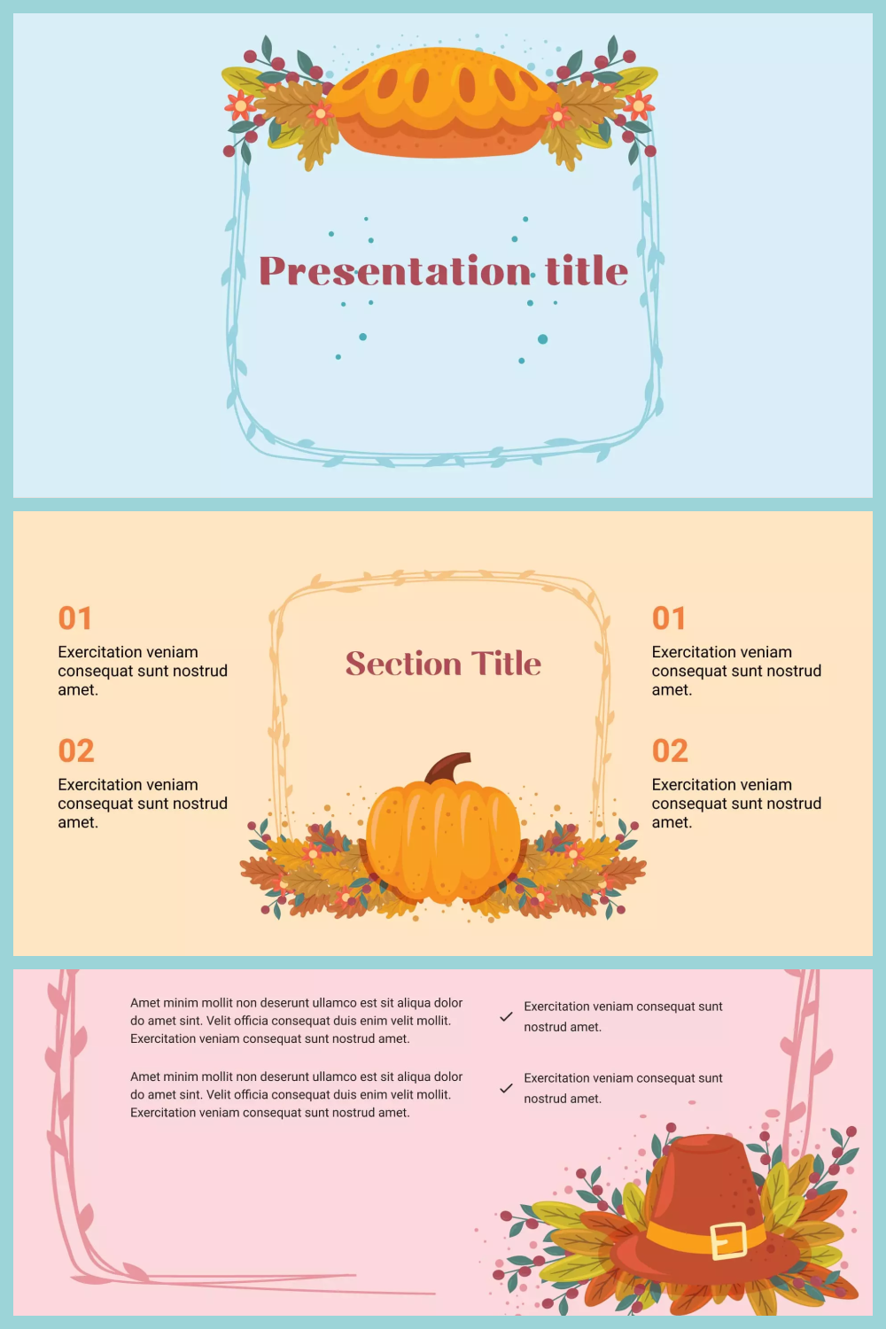 Collage of screenshots of presentation pages with a drawn pie, pumpkin, hat.