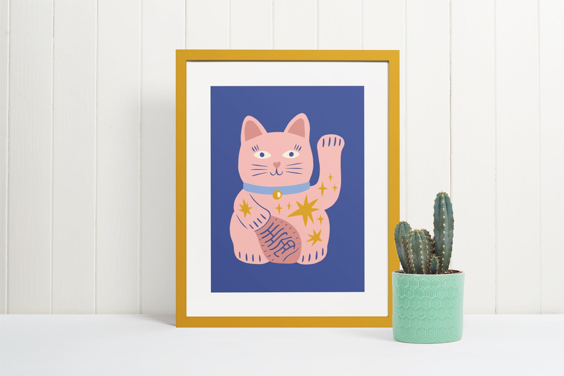So cute and colorful poster with a pink cat.