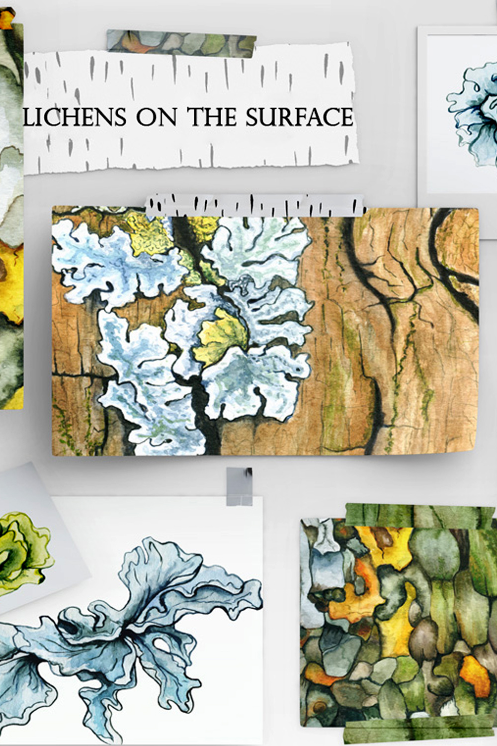 Watercolor Illustrations And Seamless Patterns With Lichens On The Surface Pinterest Image.