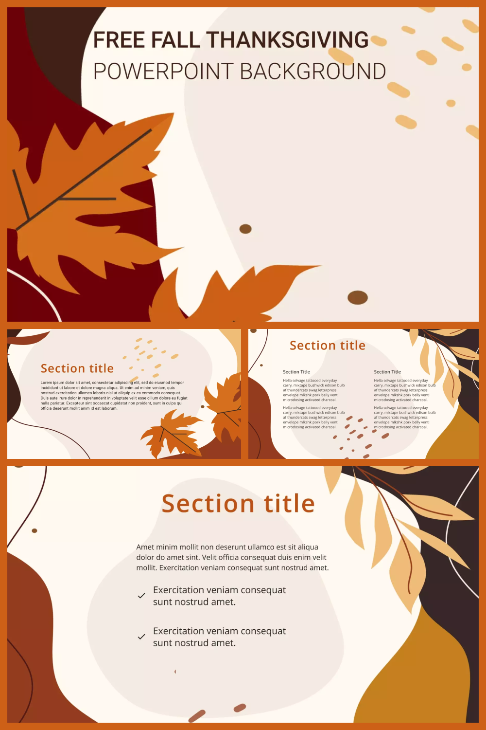 Collage of screenshots of presentation pages with painted leaves on a brown background.