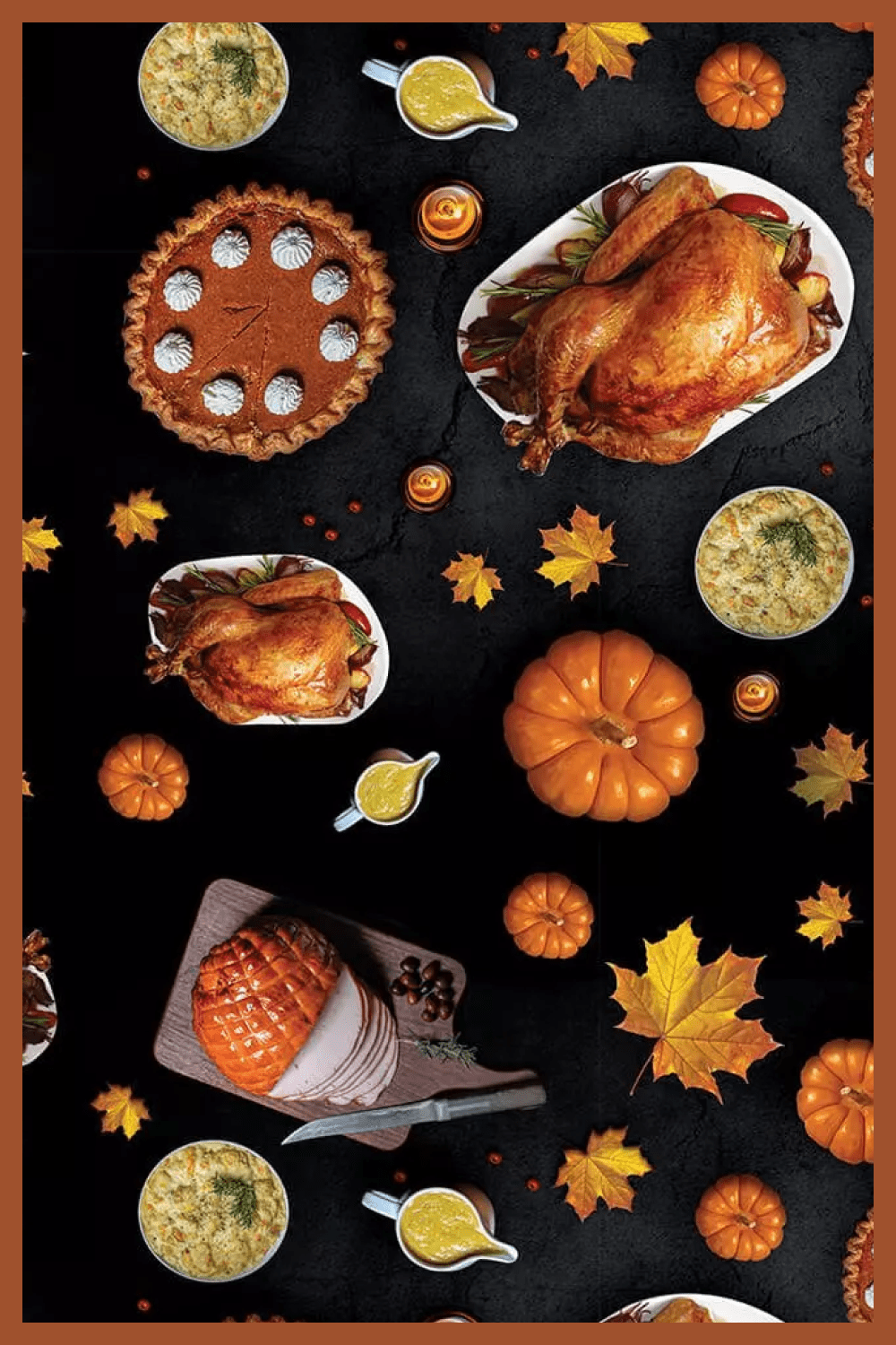 Turkey on a platter, pumpkins, yellow leaves, pies on a black background.