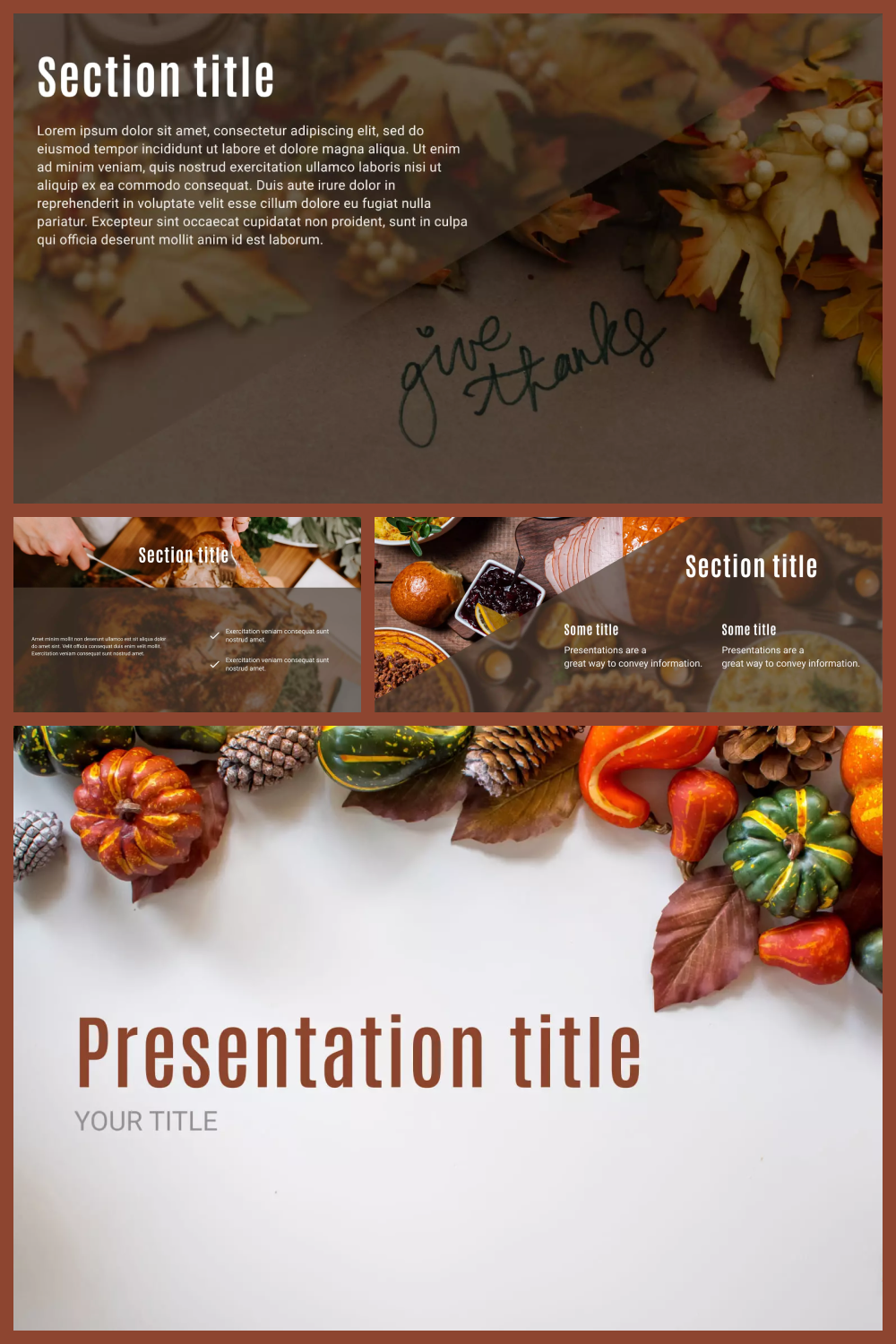 Collage of screenshots of presentation pages with leaves and pumpkins on brown background.