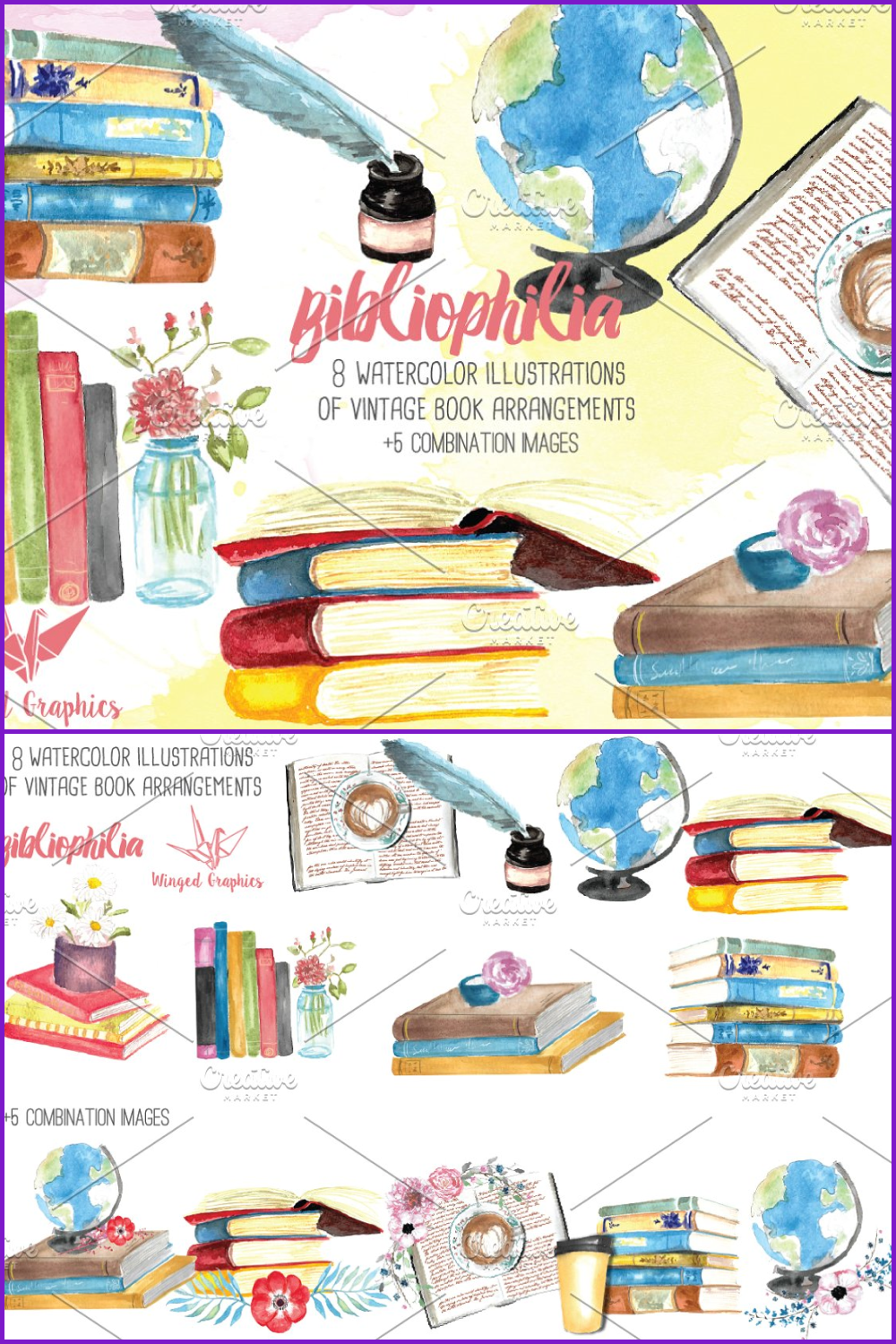 A collage of watercolor-drawn books with colorful covers, a globe and a vase of flowers.