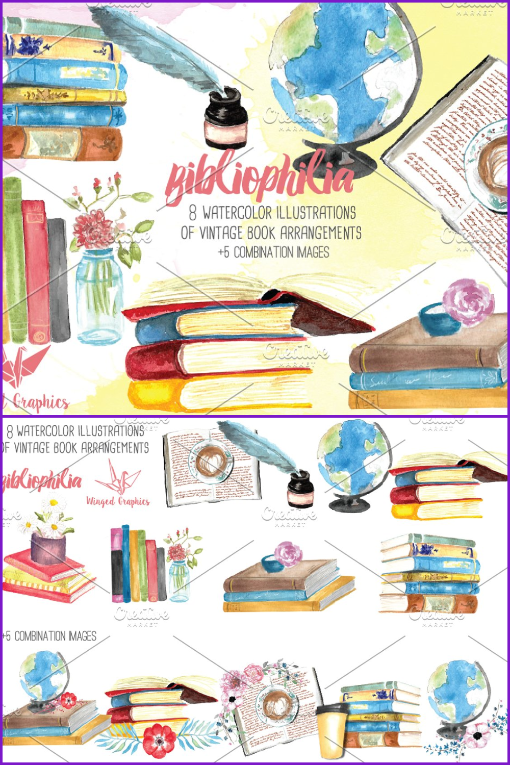 Watercolor Vintage Books Library Clipart. Vintage Art Library Compositions.  PNG on Transparent Background. 