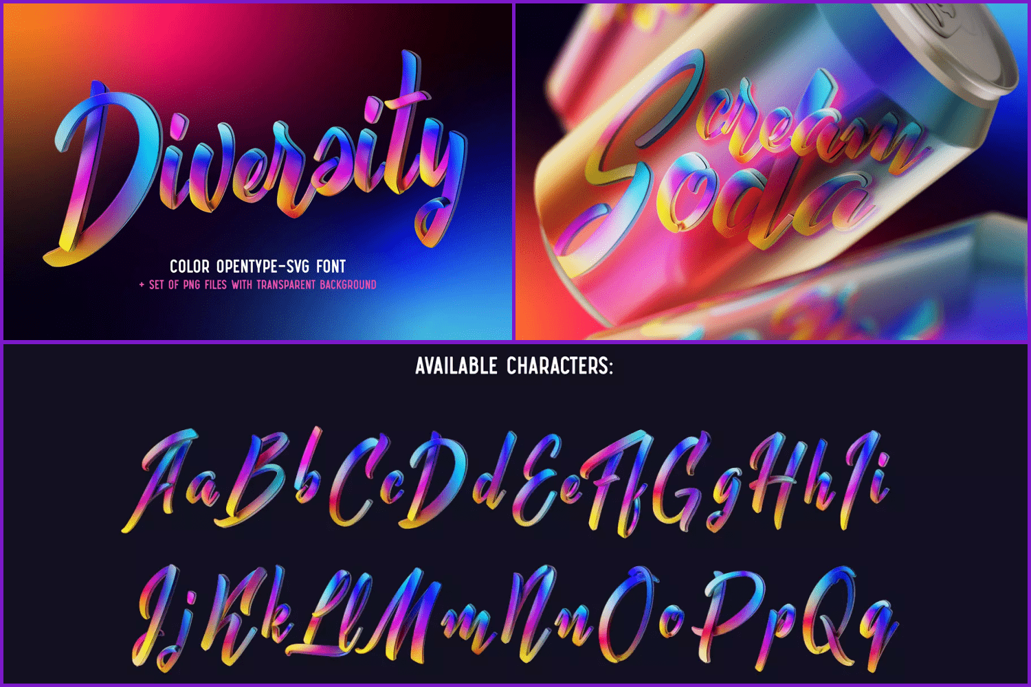 Examples of using a font with multi-colored letters.