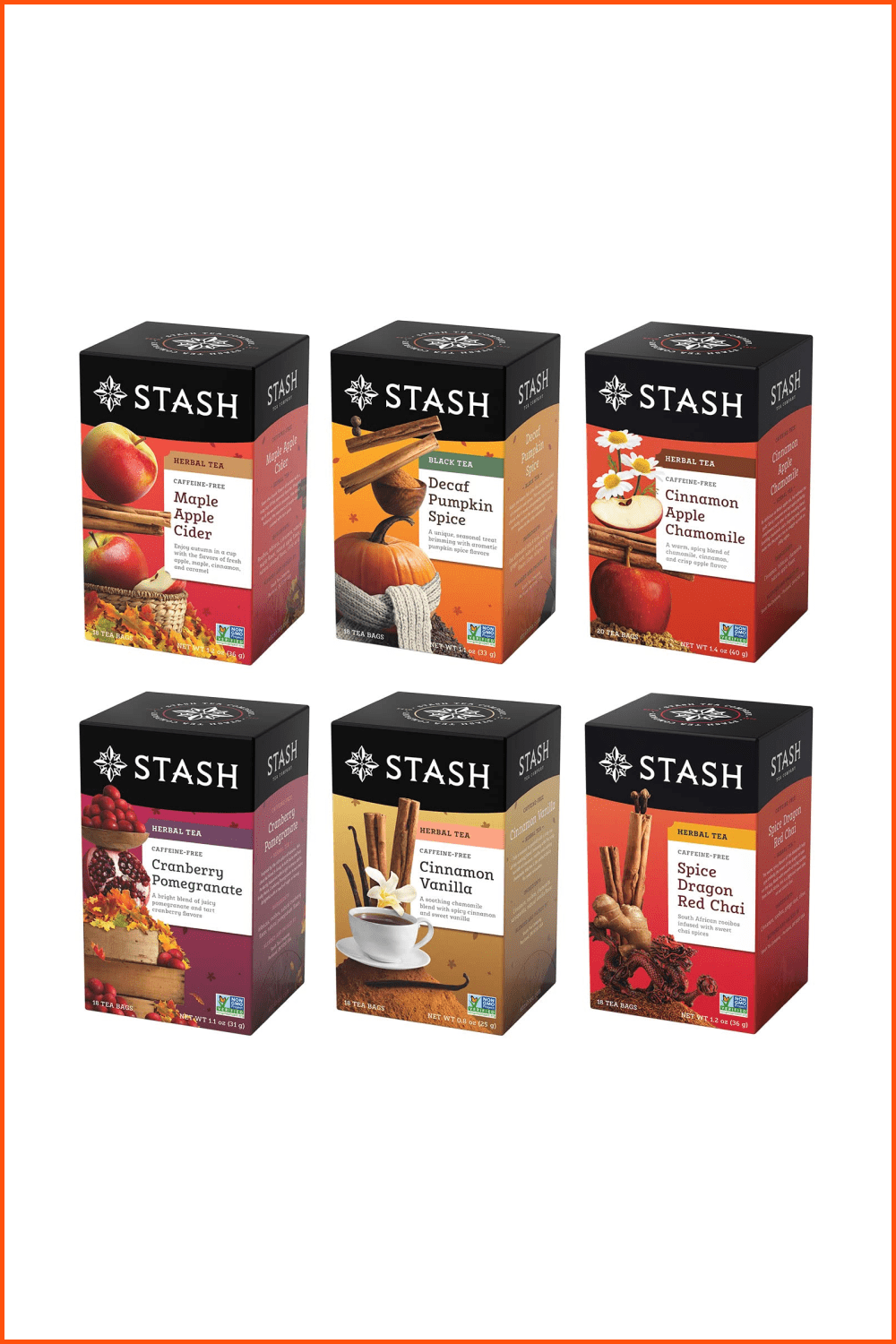 Set of 6 packs of tea with different flavors.